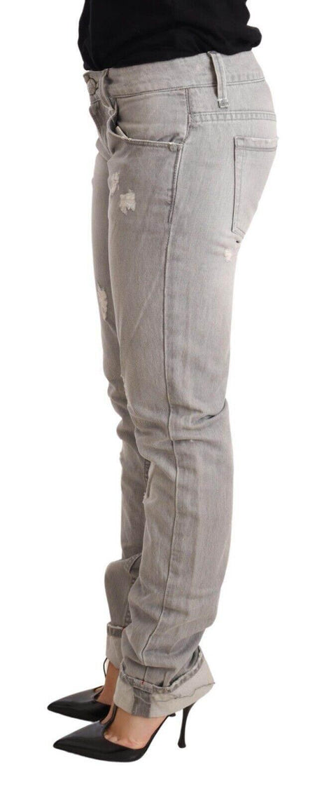 Acht Gray Tattered Cotton Slim Fit Folded Hem Women Denim Jeans - Hilstor