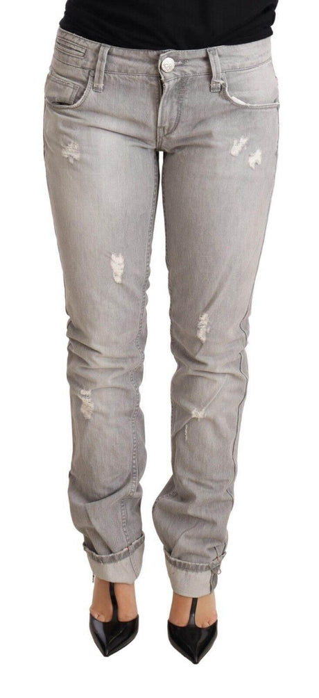 Acht Gray Tattered Cotton Slim Fit Folded Hem Women Denim Jeans - Hilstor
