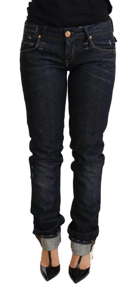 Acht Dark Blue Cotton Slim Fit Folded Hem Women Denim Trouser Jeans - Hilstor