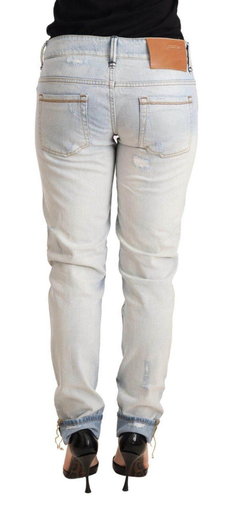 Acht Light Blue Distressed Cotton Folded Hem Denim Trouser Jeans - Hilstor