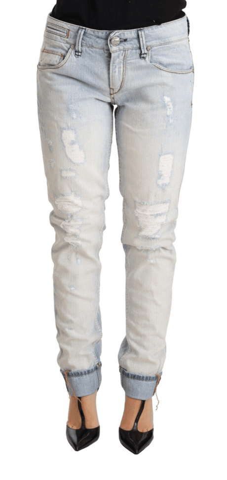 Acht Light Blue Distressed Cotton Folded Hem Denim Trouser Jeans - Hilstor