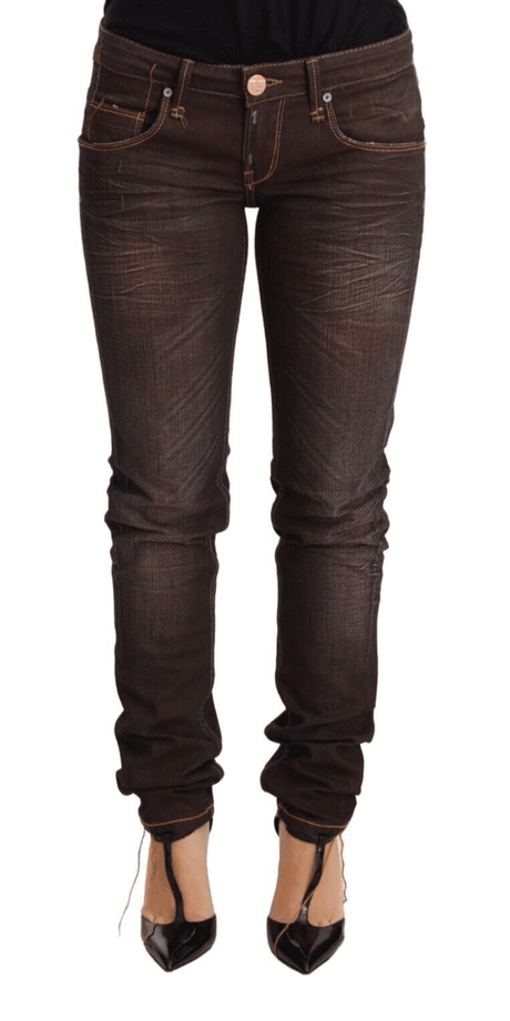 Acht Brown Washed Cotton Slim Fit Denim Low Waist Trouser Jeans - Hilstor