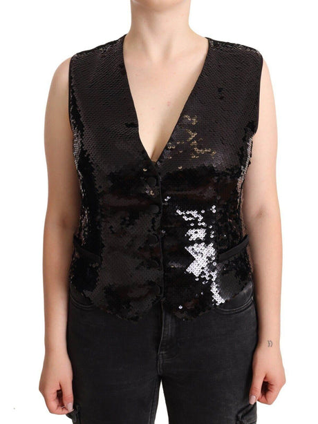 Dolce & Gabbana Black Sequin V-Neck Sleeveless Vest Tank Top - Hilstor