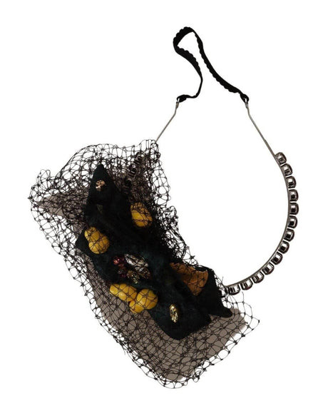 Dolce & Gabbana Silver Tiara Crystals Fruits Black Mesh Diadem Headband - Hilstor