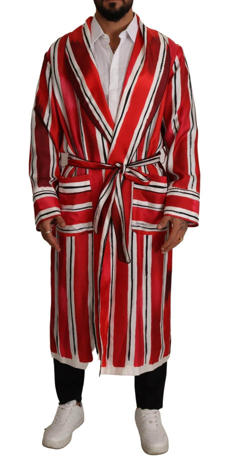 Dolce & Gabbana Red White Striped Silk Mens Night Gown Robe - Hilstor