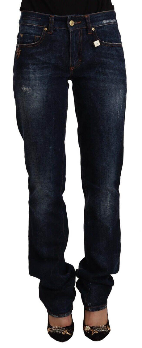 GF Ferre Dark Blue Washed Mid Waist Cotton Denim Straight Jeans - Hilstor