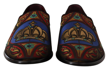 Dolce & Gabbana Multicolor Jacquard Crown Slippers Loafers Shoes - Hilstor