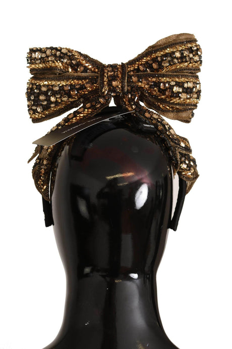 Dolce & Gabbana Gold Crystal Beaded Sequined Silk Bow Headband Diadem - Hilstor