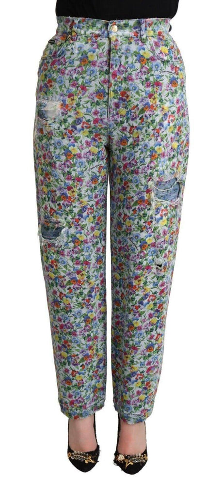 Dolce & Gabbana Blue Floral Print High Waist Denim Tapered Jeans - Hilstor