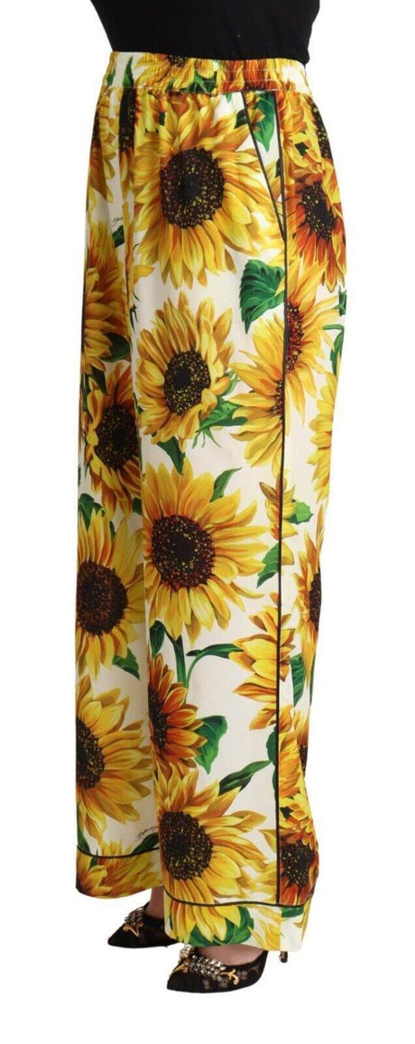 Dolce & Gabbana White Sunflower Print Mid Waist Wide Leg Pants - Hilstor
