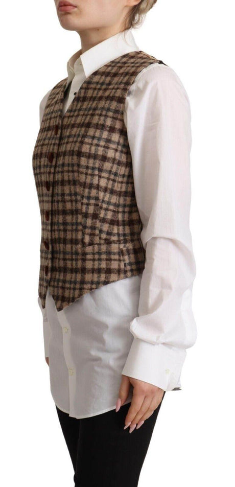 Dolce & Gabbana Brown Checkered Leopard V-neck Sleeveless Vest Top - Hilstor