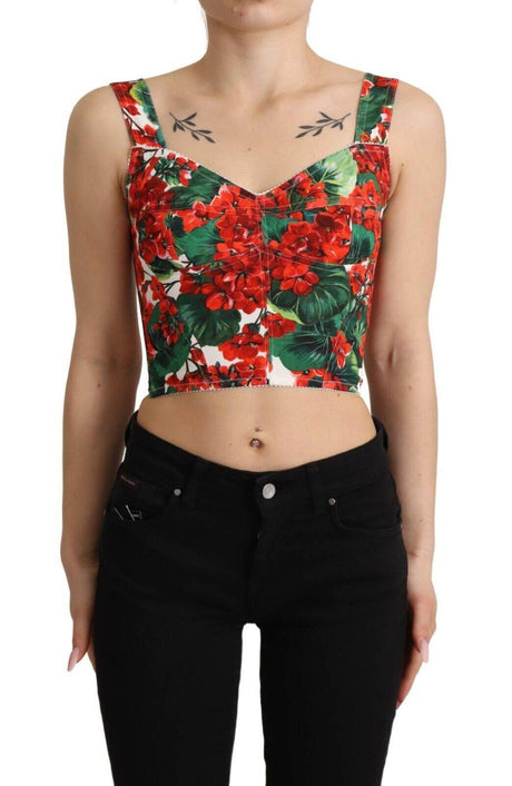Dolce & Gabbana Red Geranium Print Viscose Sweetheart Cropped Top - Hilstor