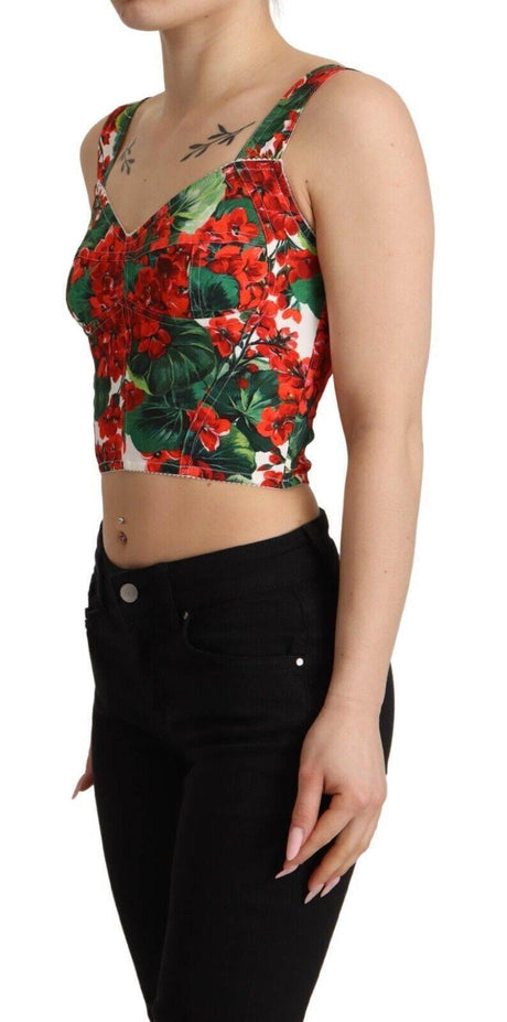 Dolce & Gabbana Red Geranium Print Viscose Sweetheart Cropped Top - Hilstor