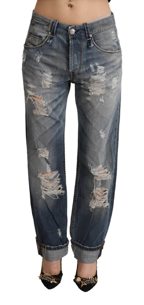 Acht Blue Tattered Mid Waist Straight Denim Cotton Jeans - Hilstor