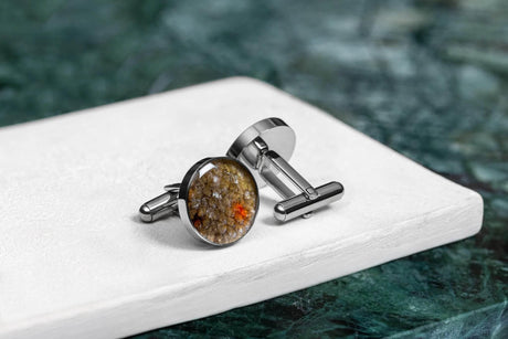 Cufflinks – Round - Red Dotted Leather, Handcrafted Brown Trout Skin, Made in Europe by Eherüs - Hilstor