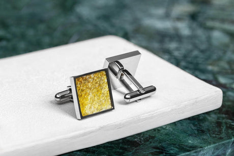 Cufflinks – Square Yellow Leather, Handcrafted Brown Trout Skin, Made in Europe by Eherüs - Hilstor