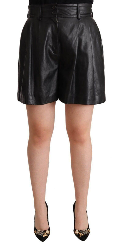 Dolce & Gabbana Black Leather High Waist Bermuda Above Knee Shorts - Hilstor