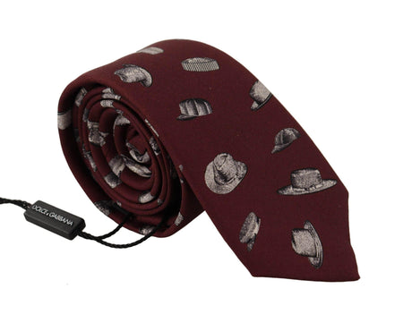 Dolce & Gabbana Maroon Hat Pattern 100% Silk Adjustable Accessory Tie - Hilstor