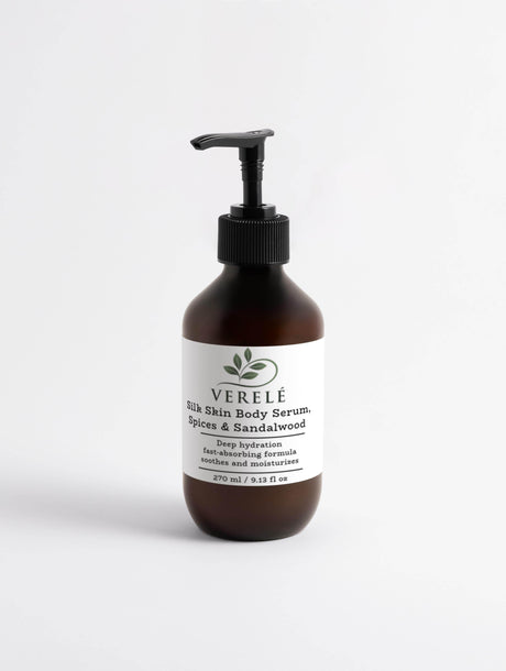 Silk Skin Body Serum with Jojoba, Rosehip & Hyaluronic Acid – Deep Hydration with Spices & Sandalwood – COSMOS NATURAL Certified, Made from Natural Ingredients in Europe by Verelé, 270 ml / 9.13 fl oz - Hilstor