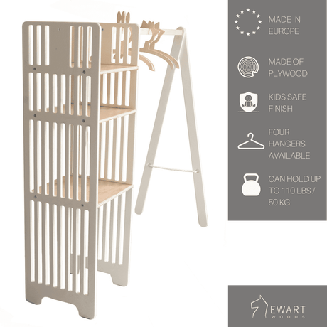 Kids Wooden Clothing Rack by EWART Woods - Montessori-Style Wardrobe with Storage Shelves | Safe, Child-Friendly Design, Made in Europe - Hilstor