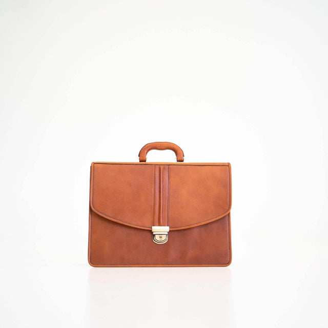 Leather Briefcase No. 99 – Cognac, Dual Compartments with Laptop Padding, Handmade in Europe by Papillon - Hilstor