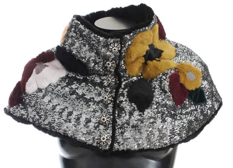 Dolce & Gabbana Silver Sequined Floral Weasel Fur Shoulder Scarf Wrap - Hilstor