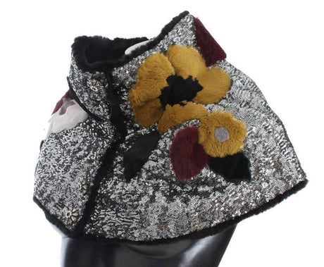 Dolce & Gabbana Silver Sequined Floral Weasel Fur Shoulder Scarf Wrap - Hilstor
