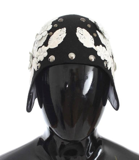 Dolce & Gabbana Black Wool White Floral Gold Leaf Hat - Hilstor