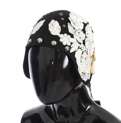 Dolce & Gabbana Black Wool White Floral Gold Leaf Hat - Hilstor