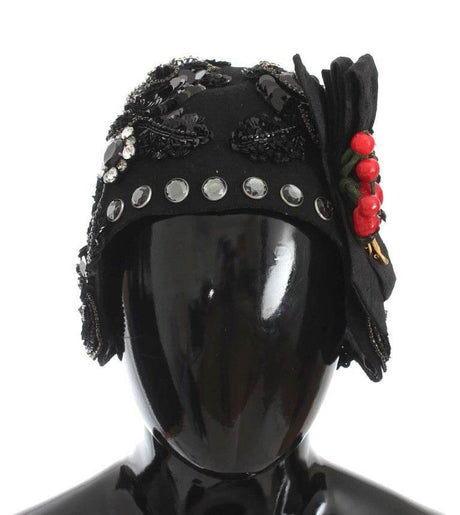 Dolce & Gabbana Black Crystal Gold Cherries Brooch Hat - Hilstor