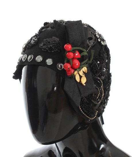 Dolce & Gabbana Black Crystal Gold Cherries Brooch Hat - Hilstor