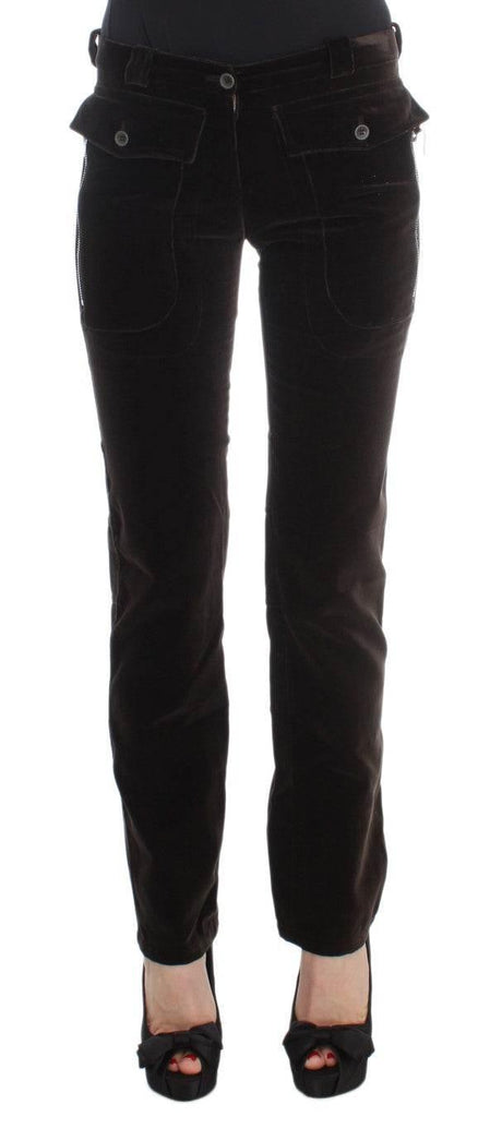 Ermanno Scervino Brown Cotton Velvet Zippers Slim Fit Pants - Hilstor