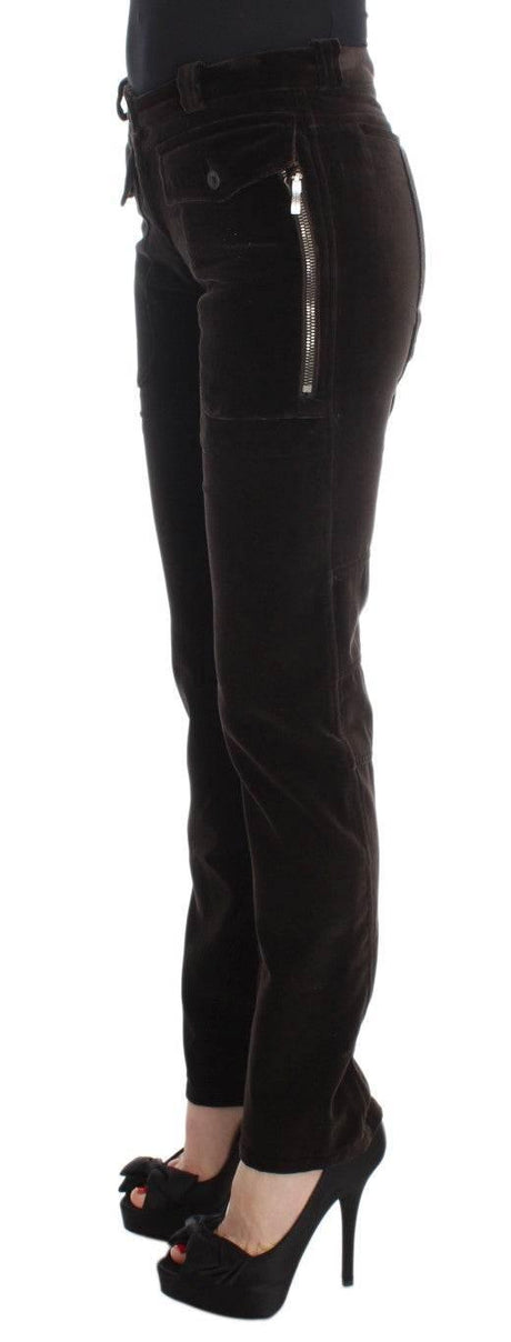 Ermanno Scervino Brown Cotton Velvet Zippers Slim Fit Pants - Hilstor
