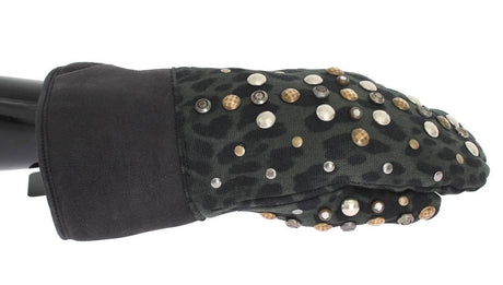 Dolce & Gabbana Gray Wool Shearling Studded Green Leopard Gloves - Hilstor