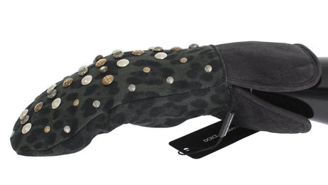 Dolce & Gabbana Gray Wool Shearling Studded Green Leopard Gloves - Hilstor