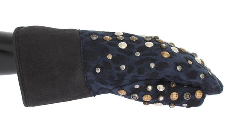 Dolce & Gabbana Gray Wool Shearling Studded Blue Leopard Gloves - Hilstor