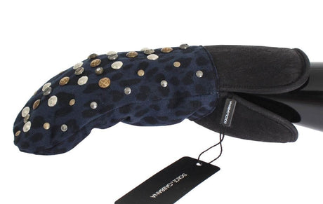 Dolce & Gabbana Gray Wool Shearling Studded Blue Leopard Gloves - Hilstor