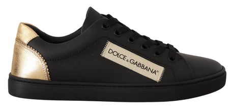 Dolce & Gabbana Black Gold Leather Low Top Sneakers Womens Shoes - Hilstor