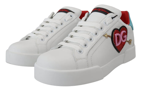 Dolce & Gabbana White Leather Sneaker Portofino Logo Heart Shoes - Hilstor