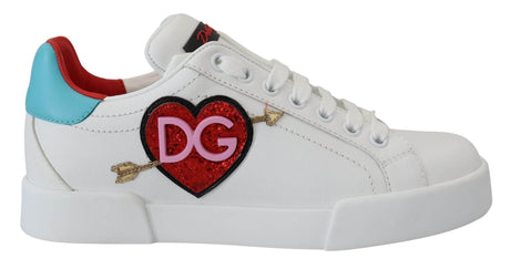 Dolce & Gabbana White Leather Sneaker Portofino Logo Heart Shoes - Hilstor