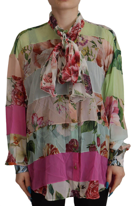 Dolce & Gabbana Multicolor Floral Patchwork Design Ascot Collar Top Blouse - Hilstor