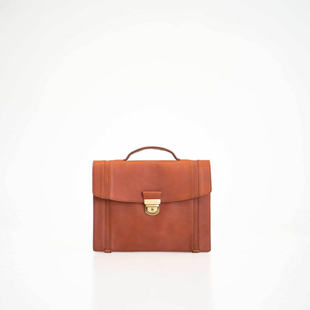 Briefcase No. 21 – Cognac, Slim Genuine Leather with A4 Zip Pocket, Handmade in Europe by Papillon - Hilstor