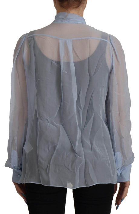 Dolce & Gabbana Light Blue Silk Ascot Collar Long Sleeves Top - Hilstor