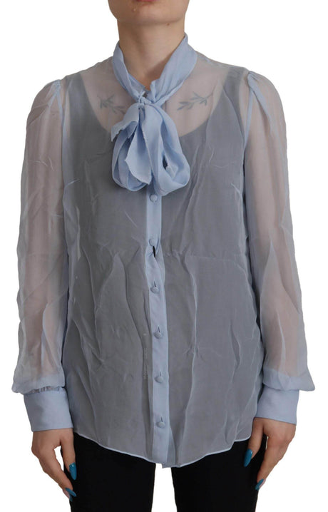 Dolce & Gabbana Light Blue Silk Ascot Collar Long Sleeves Top - Hilstor