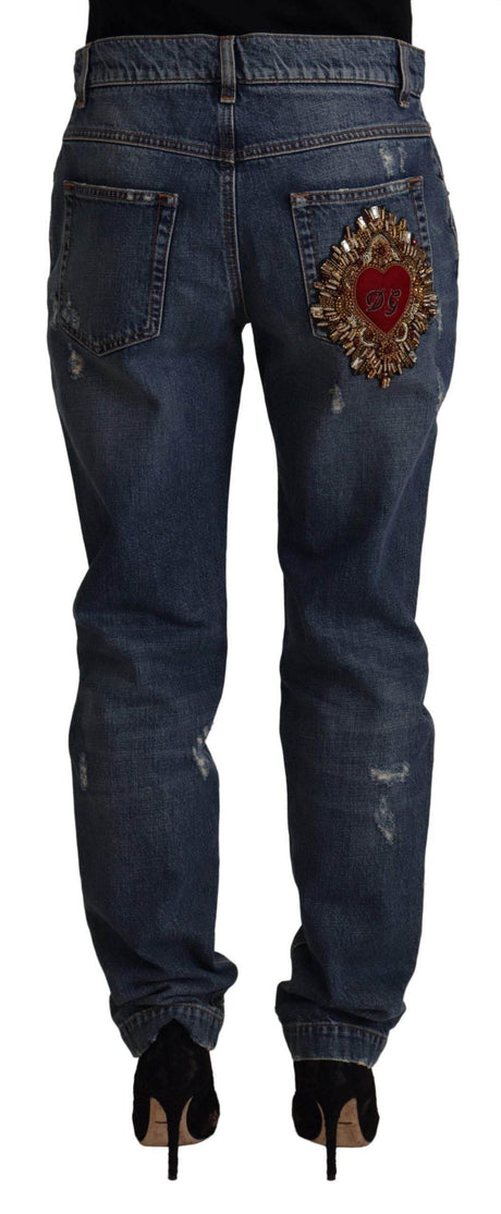 Dolce & Gabbana Blue Denim Baroque Heart Logo Patch Pants Jeans - Hilstor