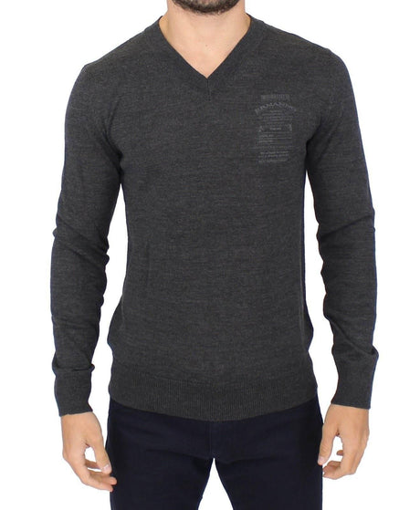 Ermanno Scervino Gray Wool Blend V-neck Pullover Sweater - Hilstor