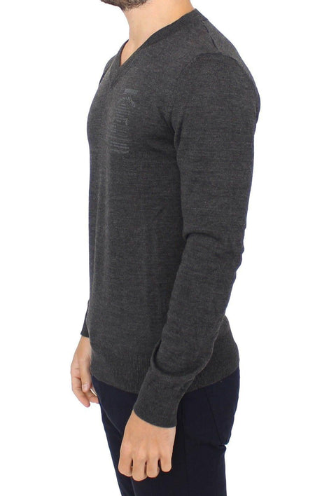 Ermanno Scervino Gray Wool Blend V-neck Pullover Sweater - Hilstor