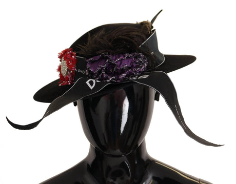 Dolce & Gabbana Black Lapil Crystal Heart Feather Brooch Fedora Hat - Hilstor