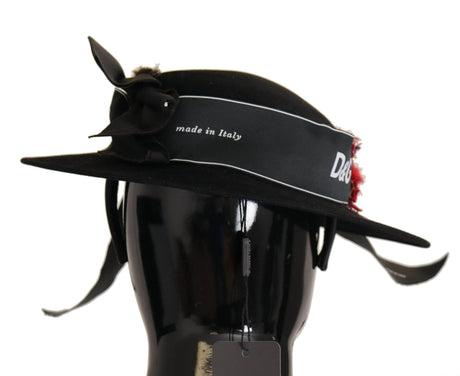 Dolce & Gabbana Black Lapil Crystal Heart Feather Brooch Fedora Hat - Hilstor