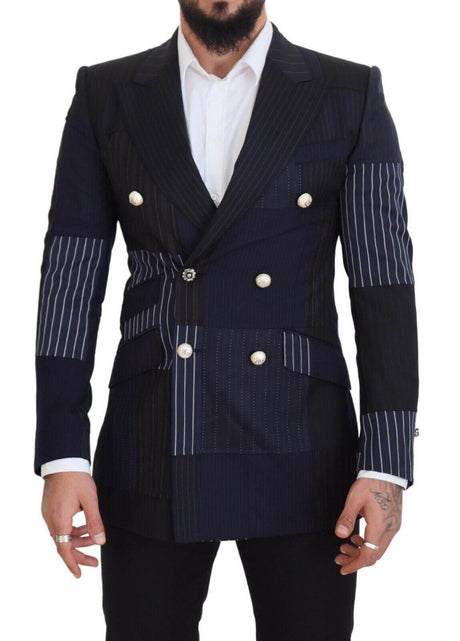 Dolce & Gabbana Blue Wool Patchwork Double Breasted Blazer - Hilstor